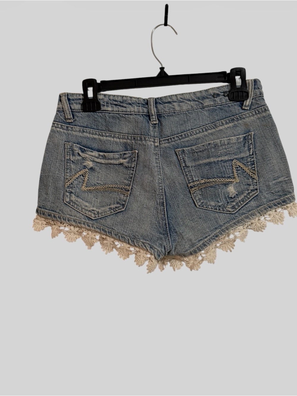 Vanilla Star Light Blue Distressed Denim Shorts with Cream Crochet Hem - Picture 3 of 5